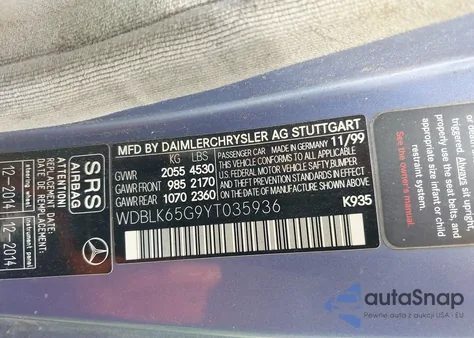 2000 Mercedes-Benz Clk 320 z USA, uszkodzony, nr VIN WDBLK65G9YT035936